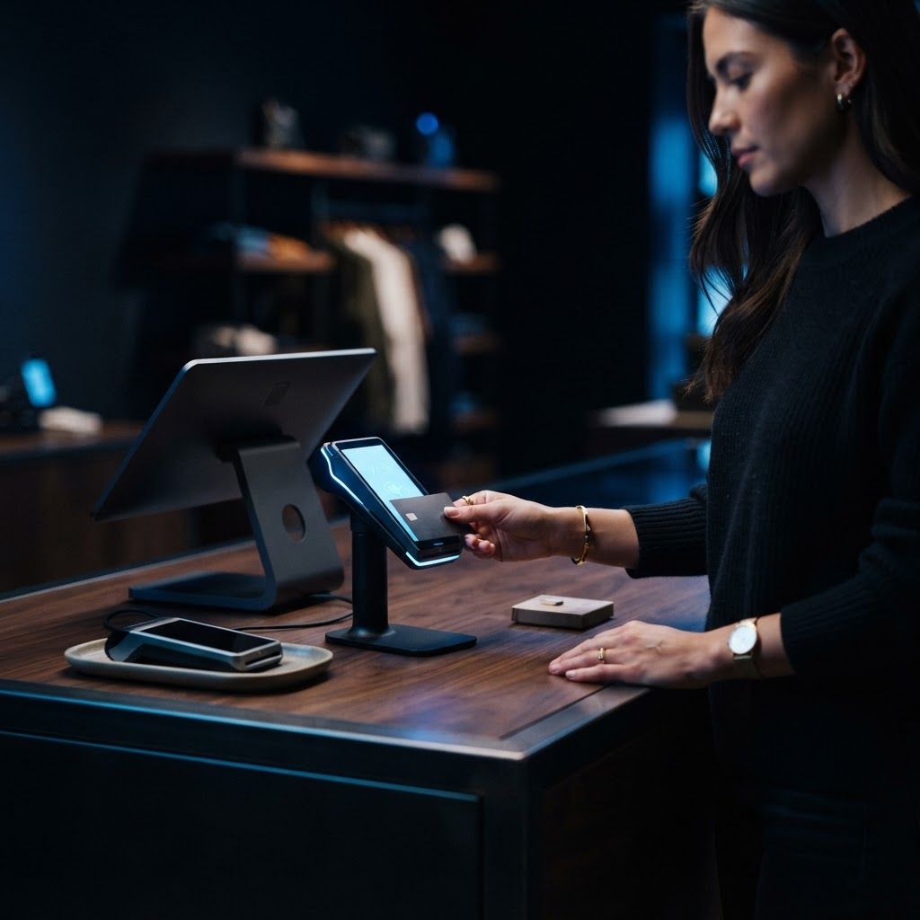 Modern retail checkout with a POS tablet and contactless payment terminal