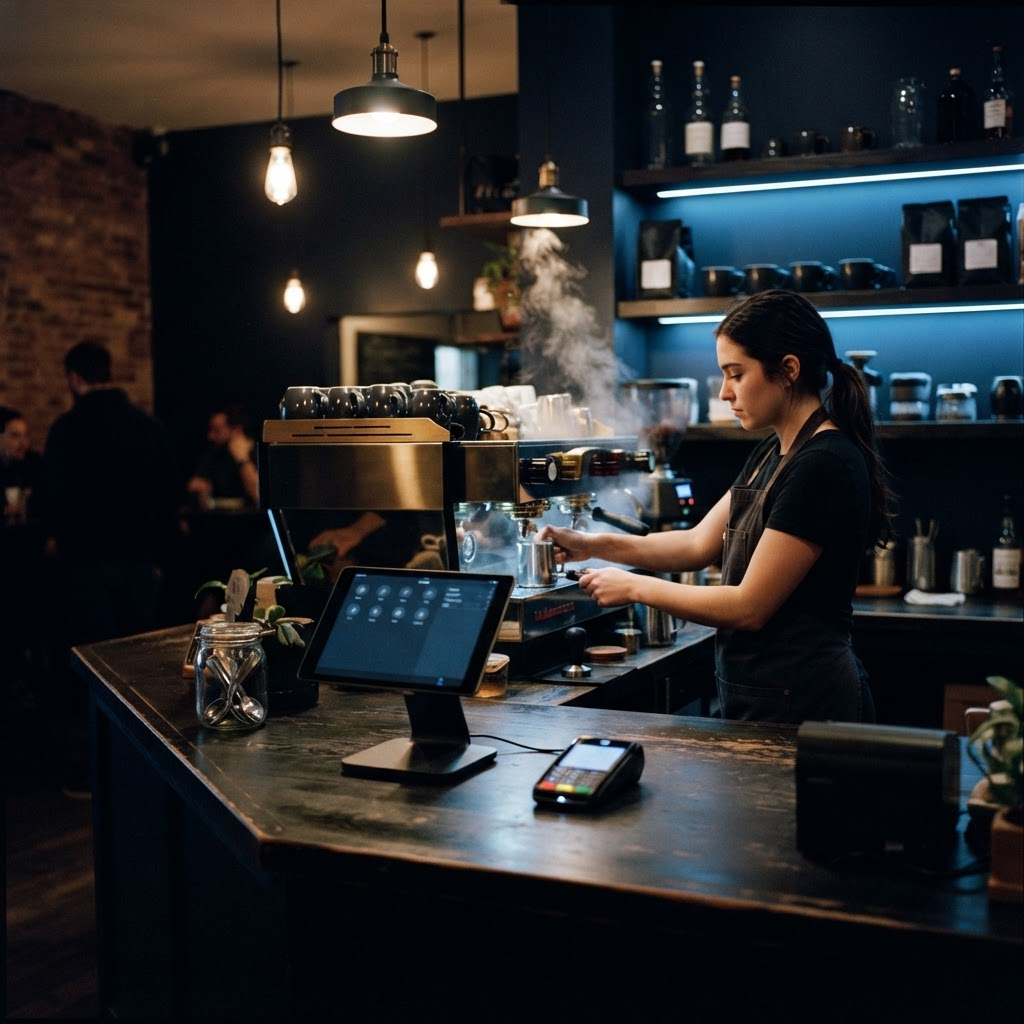 Modern cafe counter with a tablet POS system and payment terminal